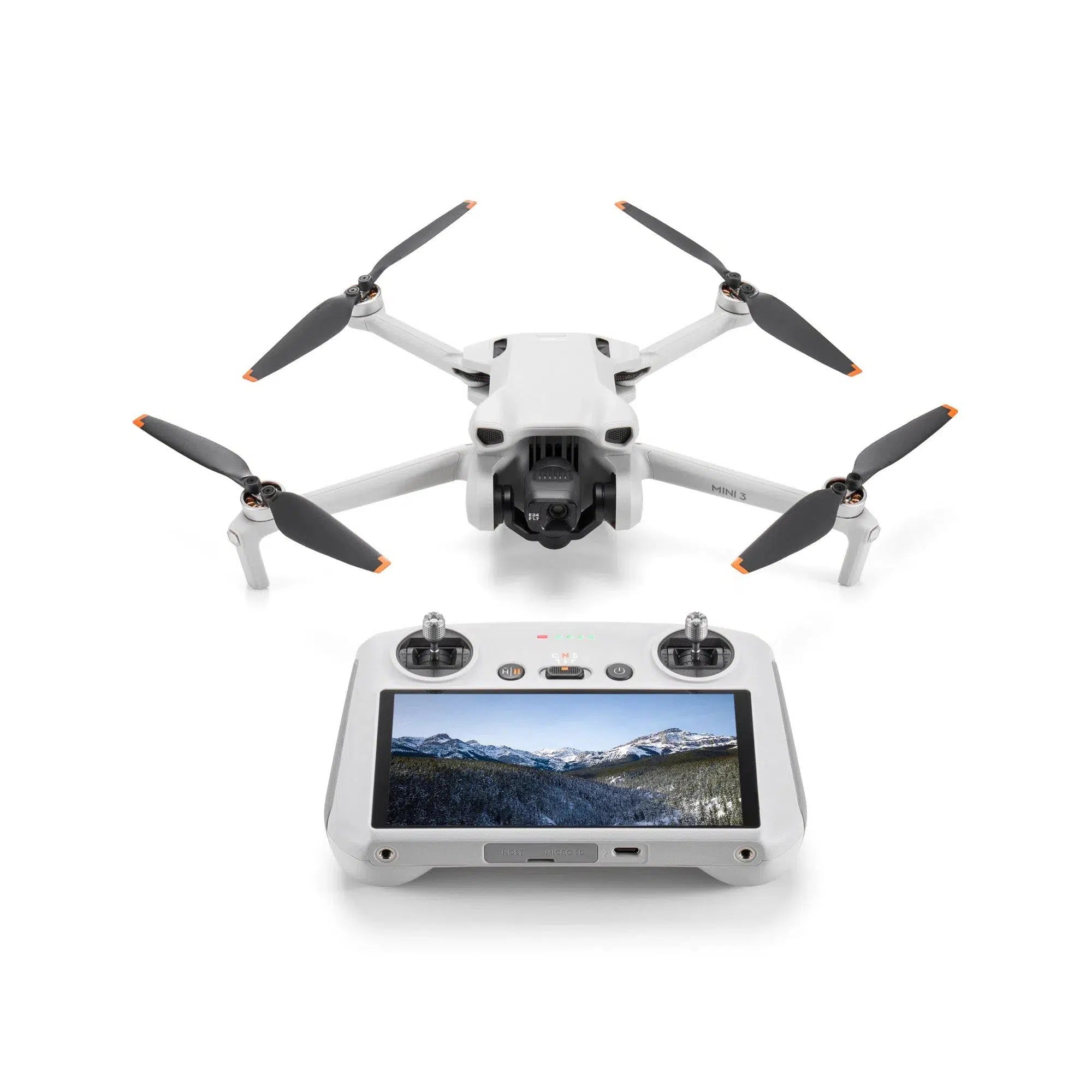 The DJI Mini 3 Drone with RC Controller in white with grey propellers on a white background. The RC is powered on, showing it's 5.5-inch FHD Screen.