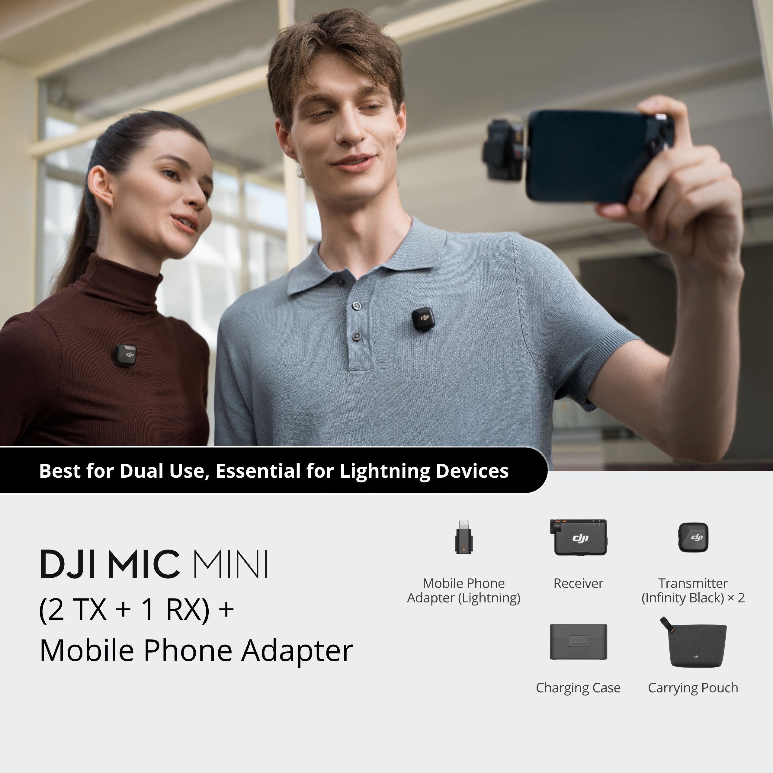 DJI Mic Mini (2 TX + 1 RX + Charging Case) + iPhone Lightning Adapter