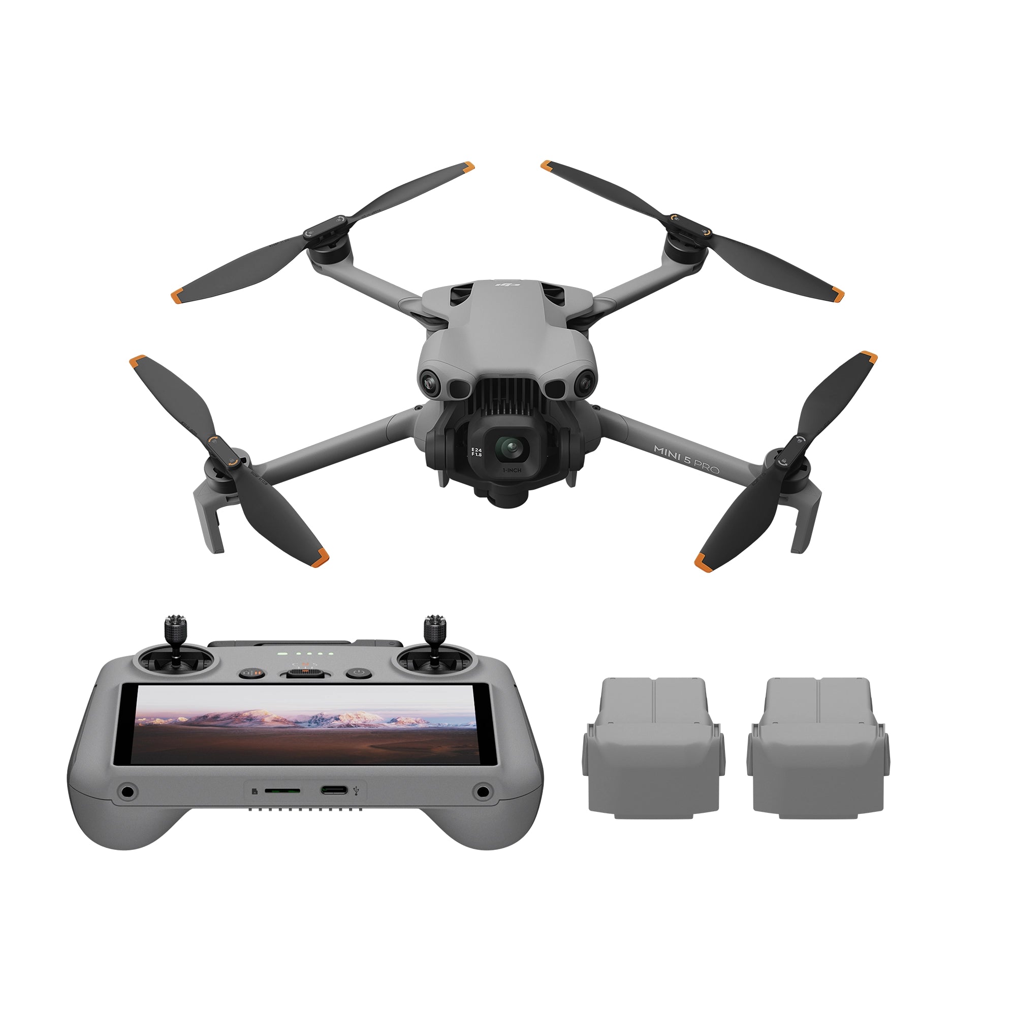 DJI Mini 5 Pro with remote control and batteries on a white background